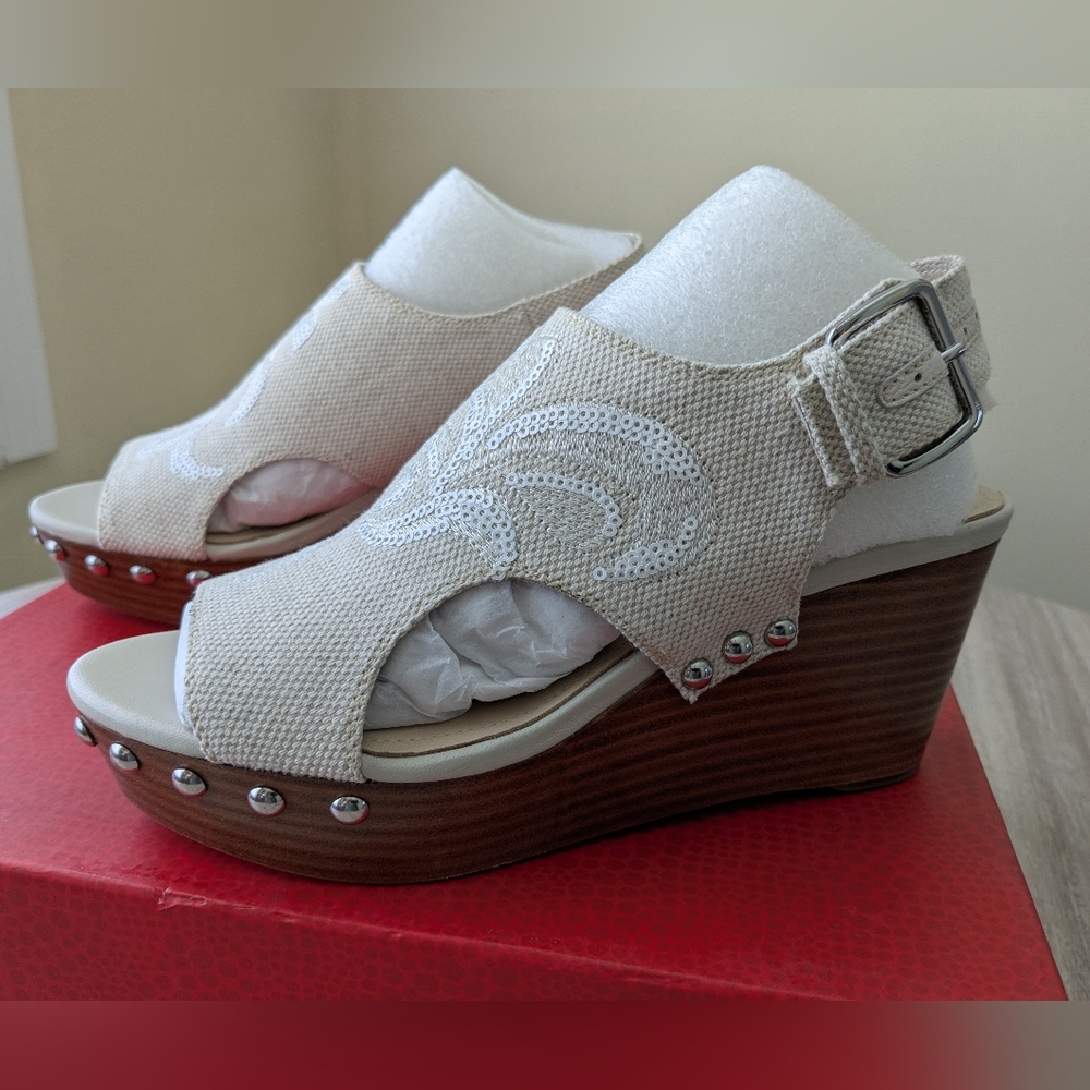 Donald J. Pliner Beige Sequin Embroidered Wedges - Picture 6 of 13